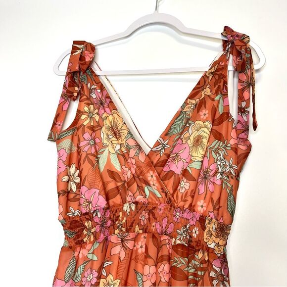 Altar’d State Floral Tiered Ruffle Tie Strap Dress Medium Orange - Picture 2 of 10